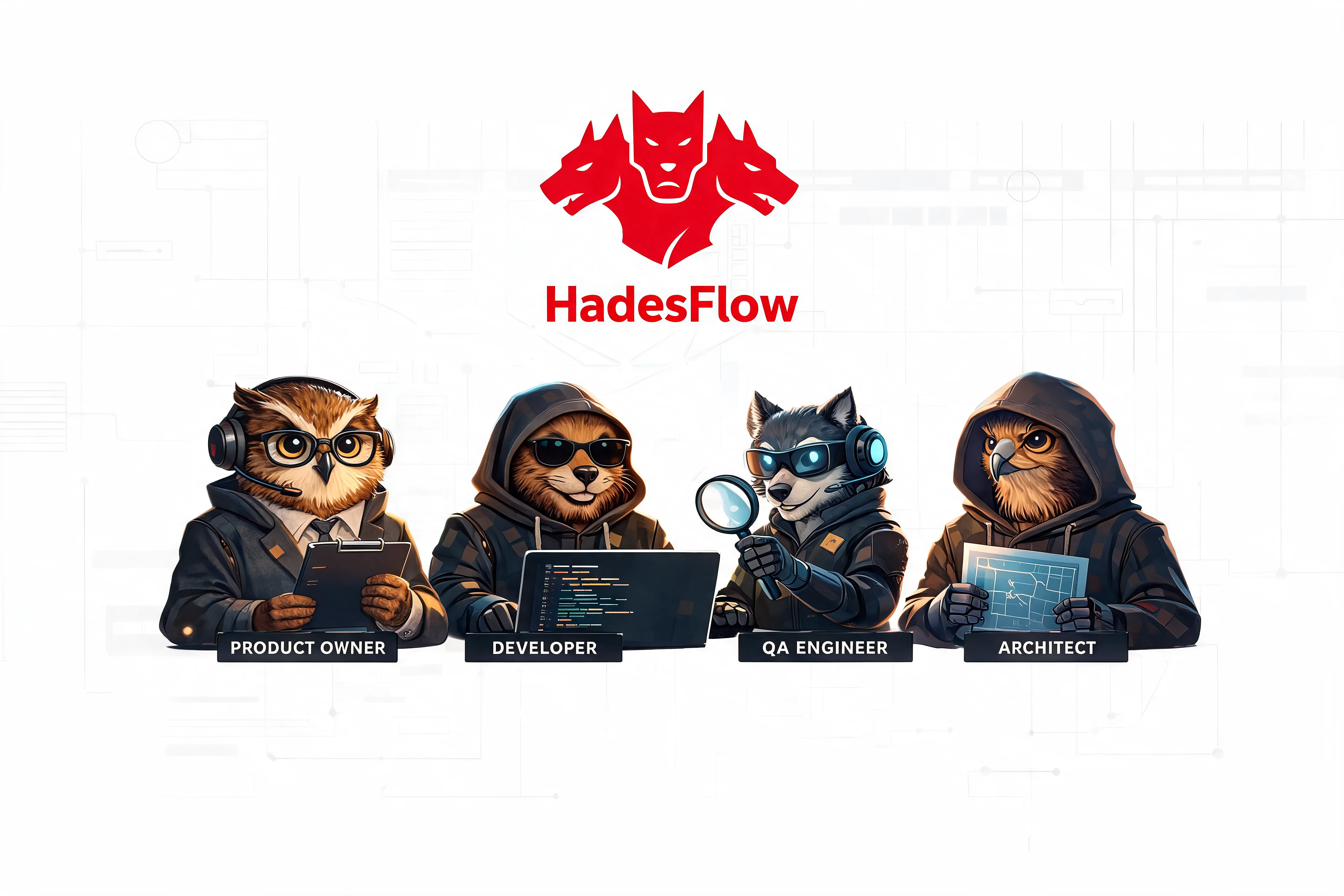 Illustration of a team of specialized AI agents - product owner, developer, QA, and architect - collaborating autonomously on software through Discord and GitHub